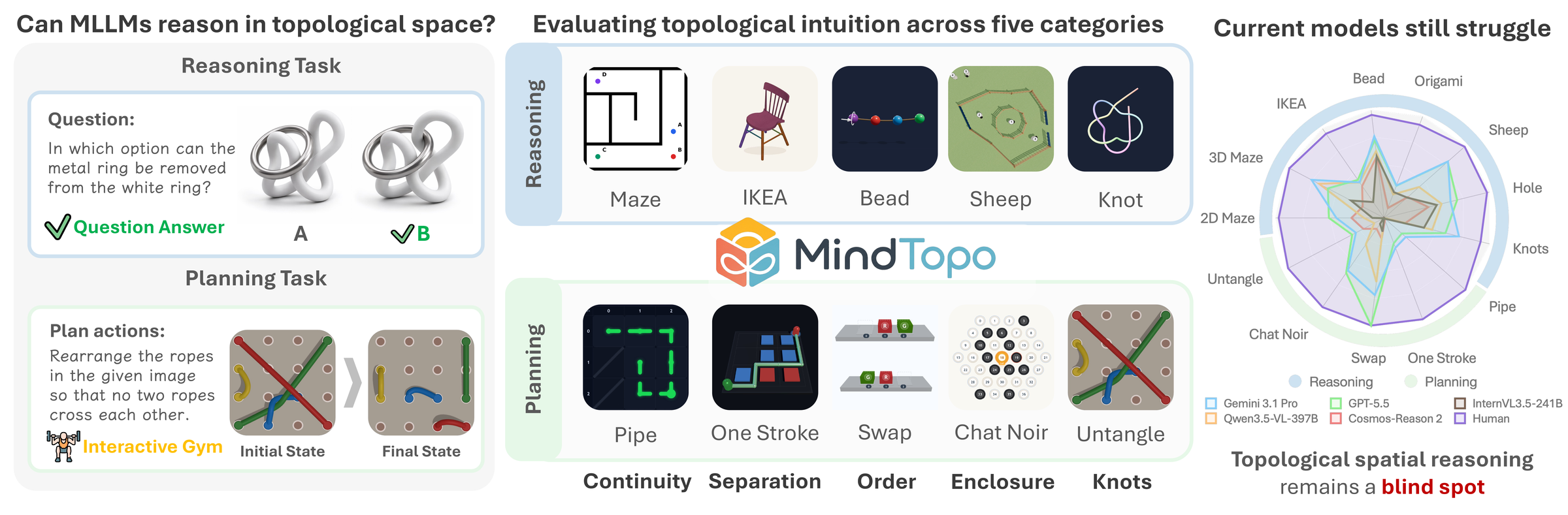 MindTopo project teaser: topological reasoning and planning tasks across five categories